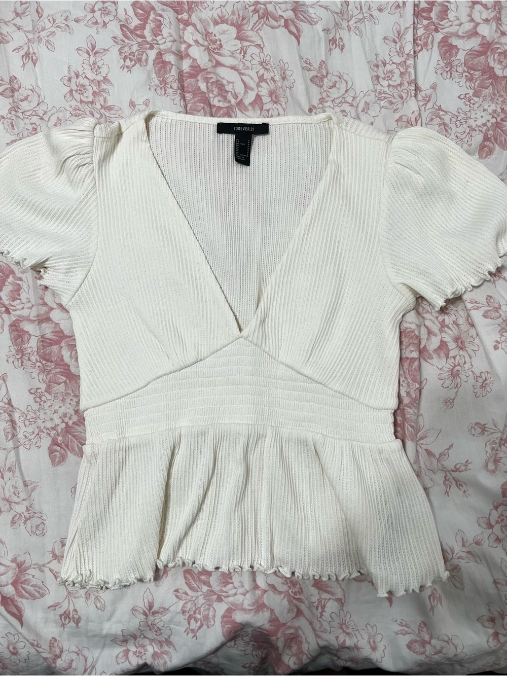 Forever 21 cream Ribbed Peplum V-Neck Top